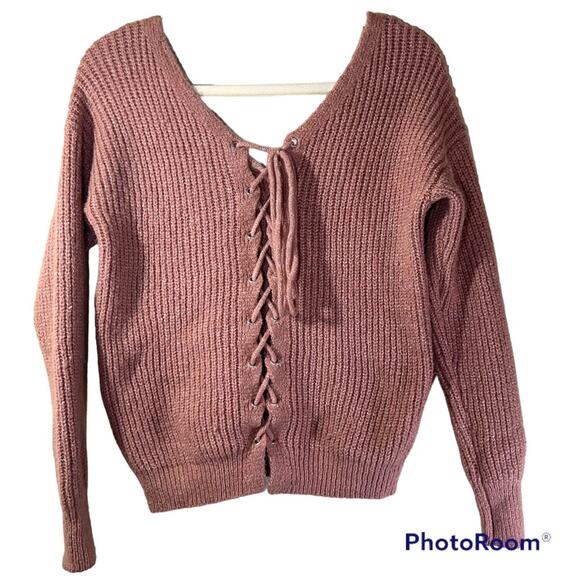 Love by Design Lace Up Back Sweater Sz Medium V Neck Soft - Picture 1 of 7